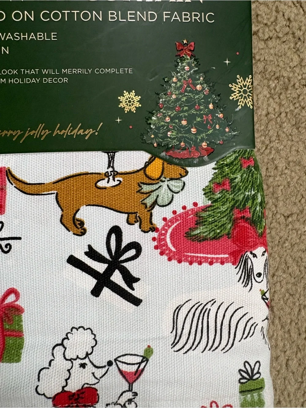 Envogue White Shower Curtain with Red & Green presents, dogs, presents, poodles